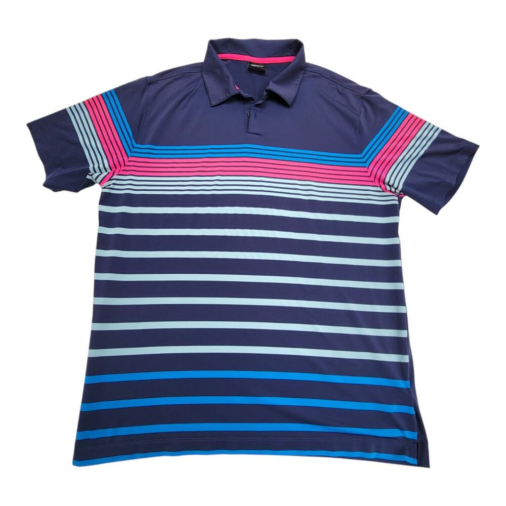 Nike Golf Men XL Dri-FIT Polo Shirt Striped Navy Blue Pink Short Sleeve Swoosh